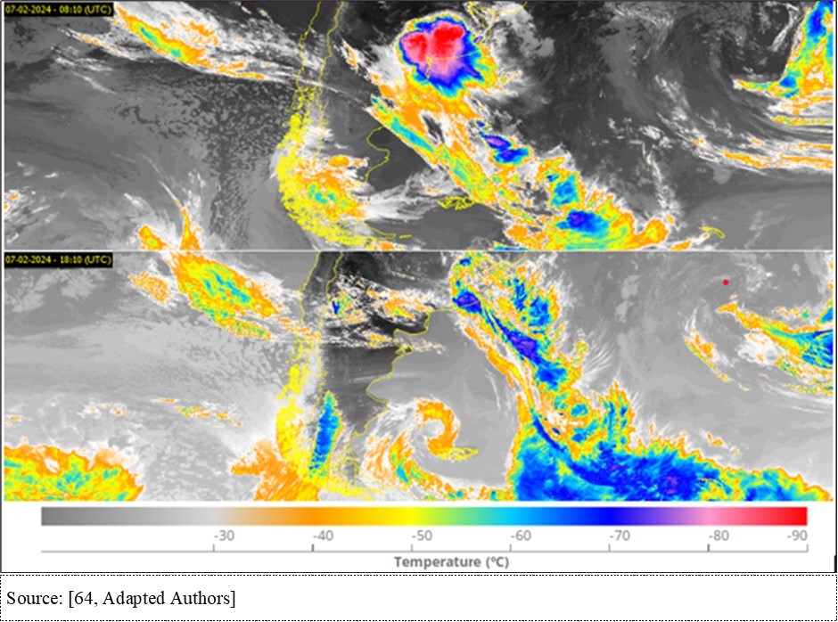 Image of atmospheric temperature at 500m altitude of the Dragonhead cyclone, 8:10 am (UTC) at 6:10 pm (UTC), February 7, 2024.